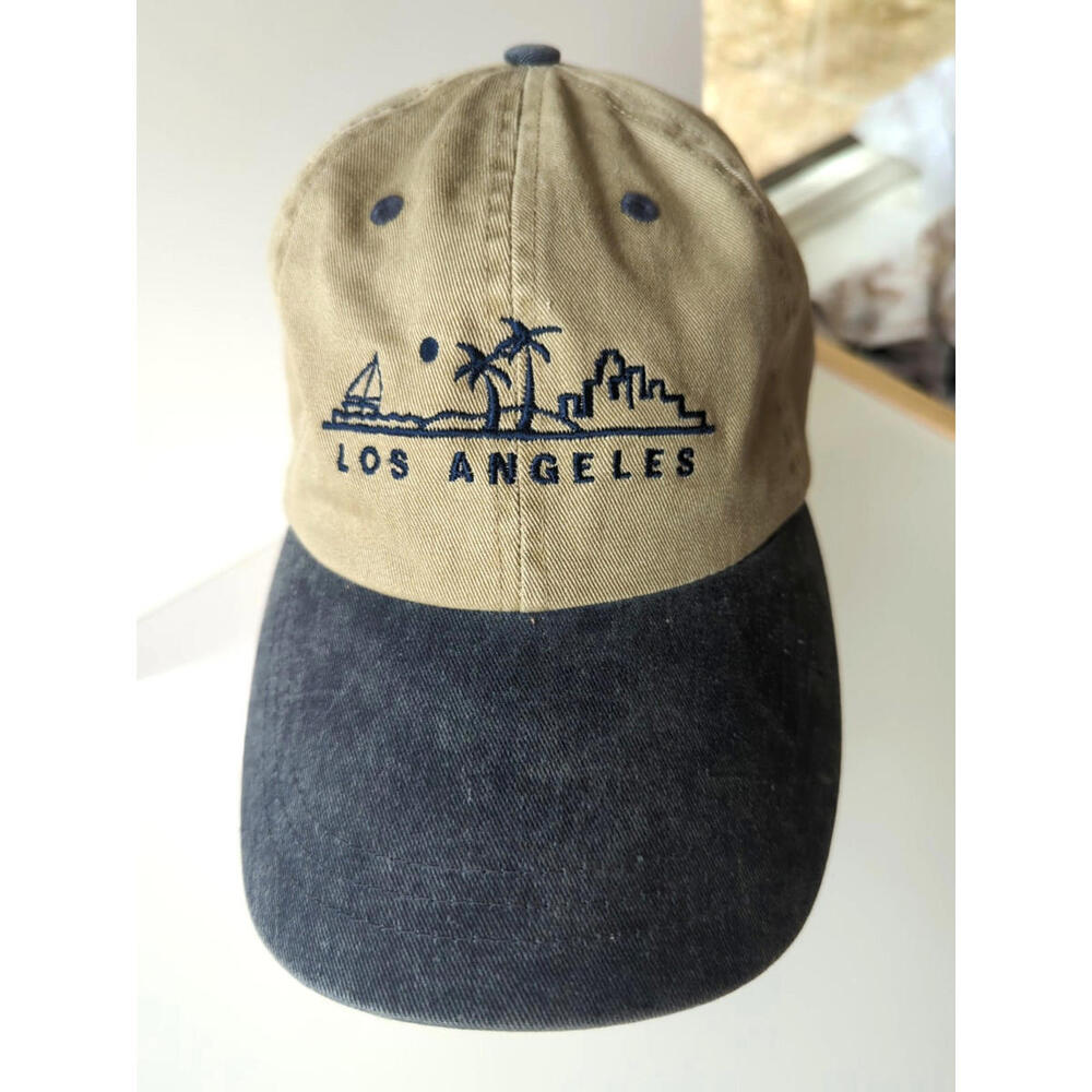 Los Angeles Strap Back Hat Cap One Size Beige Blue Bill Denim Buckle Adjusts Exc
